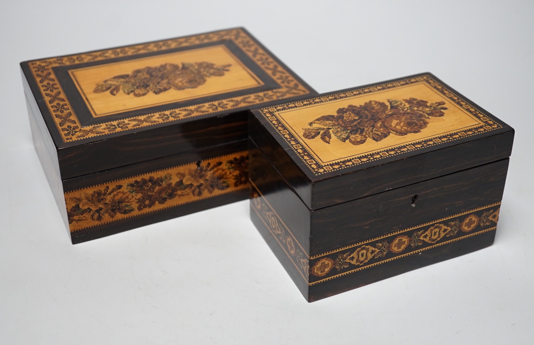 Two Tunbridge ware coromandel or rosewood ground boxes, largest 20cm